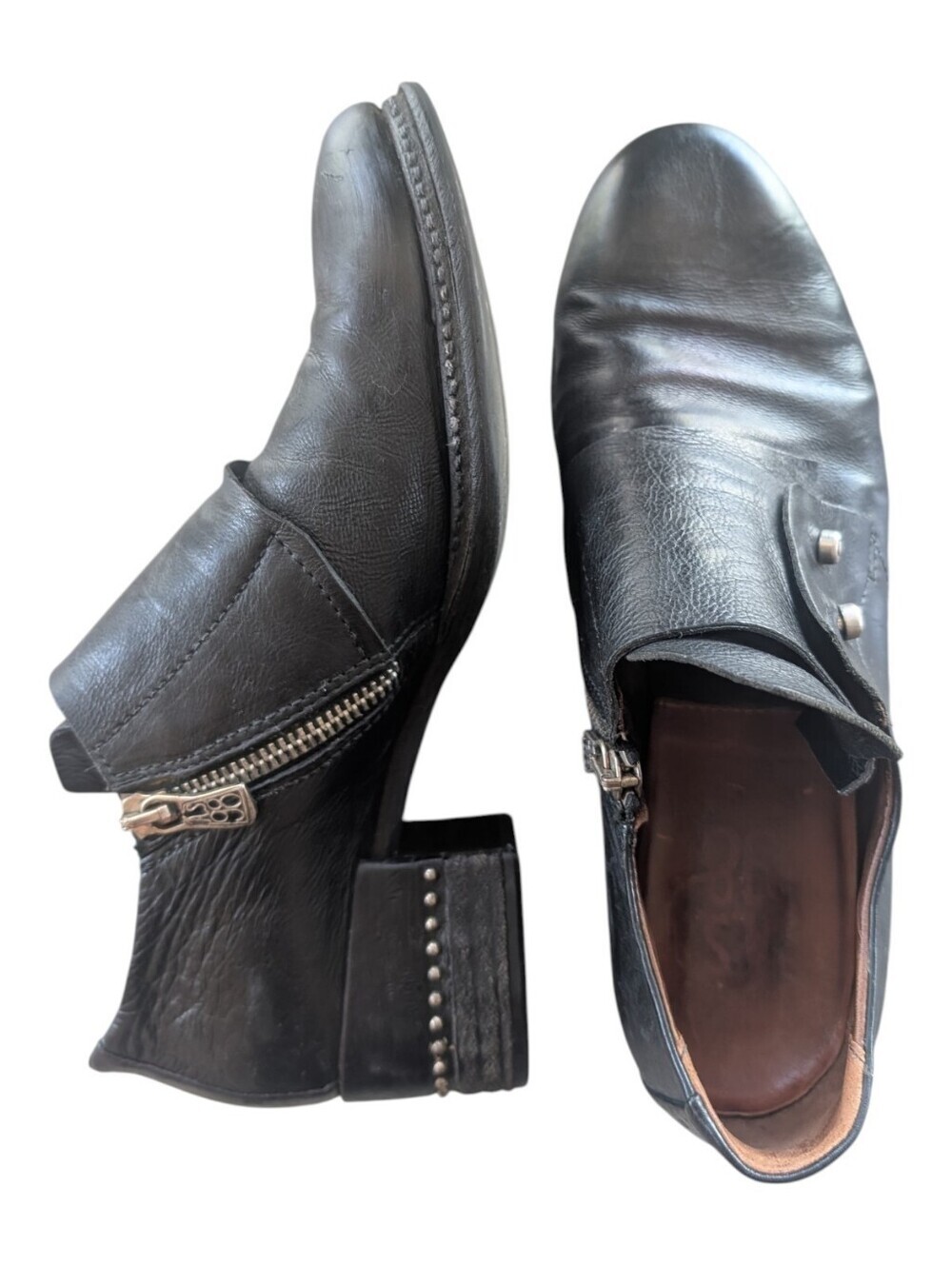 A.S.98 Black Leather Oxford Studded Loafers Women's 39